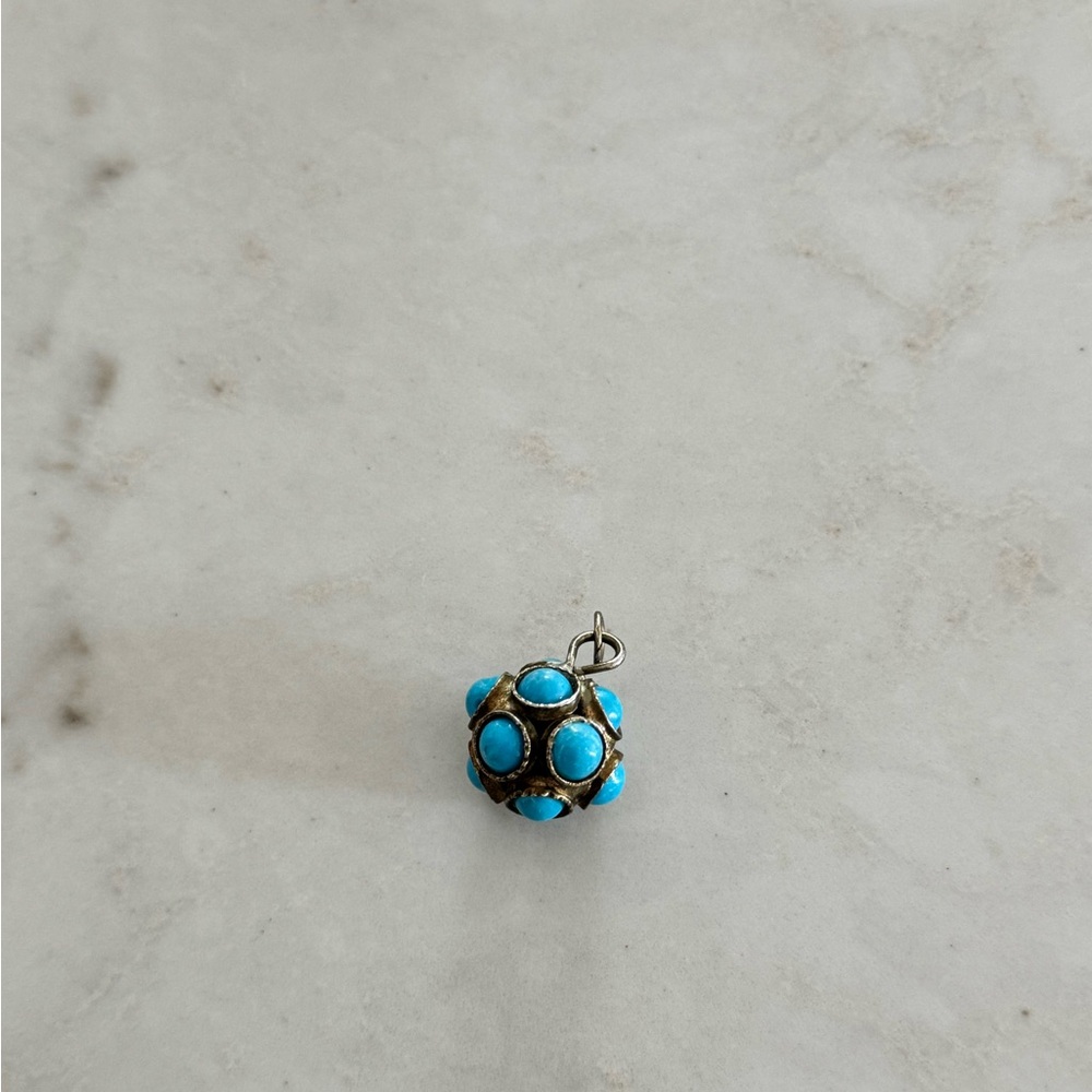 Vintage 1960s Paste Turquoise Orb Pendant – Silver Setting Cabochon Globe Charm - Picture 2 of 4
